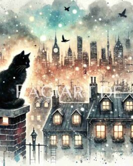 8 Schwarze Katzen über der Stadt – Mystische Kunst zum Download