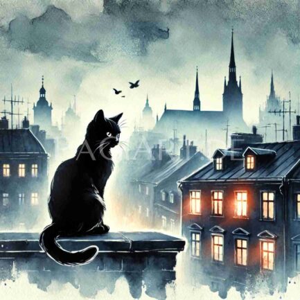 8 Schwarze Katzen über der Stadt