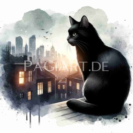 8 Schwarze Katzen über der Stadt