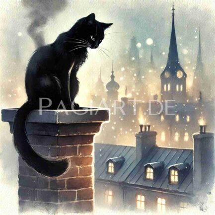 8 Schwarze Katzen über der Stadt