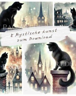 8 Schwarze Katzen über der Stadt – Mystische Kunst zum Download