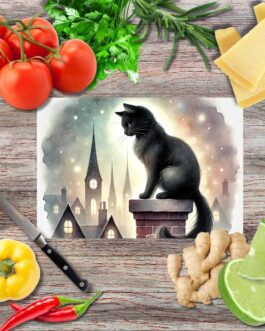 Schwarze Katzen über der Stadt 1 Schneidebrett aus Glas