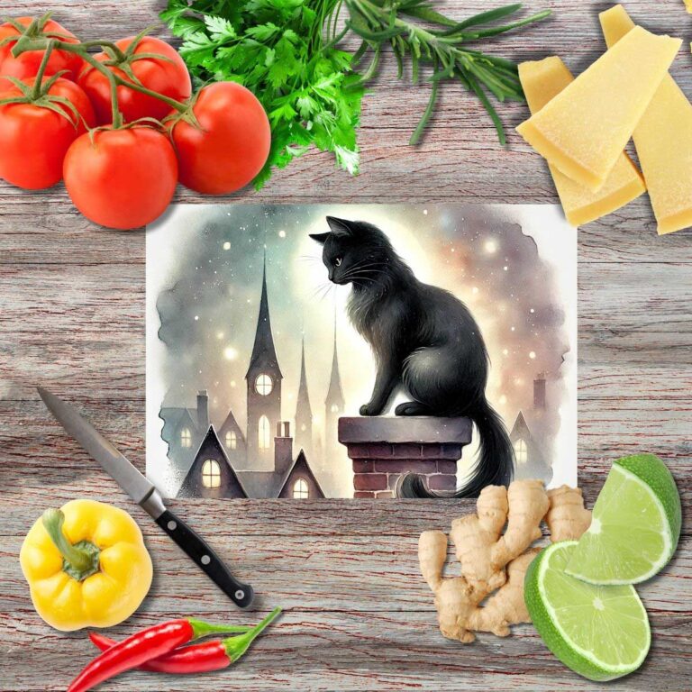 Schwarze Katzen über der Stadt 1 Schneidebrett aus Glas