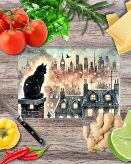 Schwarze Katzen über der Stadt 2 Schneidebrett aus Glas