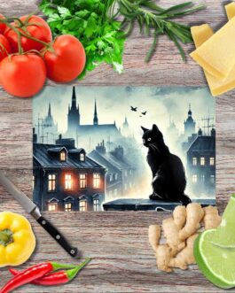 Schwarze Katzen über der Stadt 3 Schneidebrett aus Glas