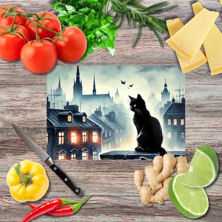 Schwarze Katzen über der Stadt 3 Schneidebrett aus Glas