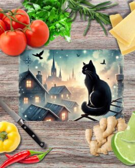 Schwarze Katzen über der Stadt 4 Schneidebrett aus Glas