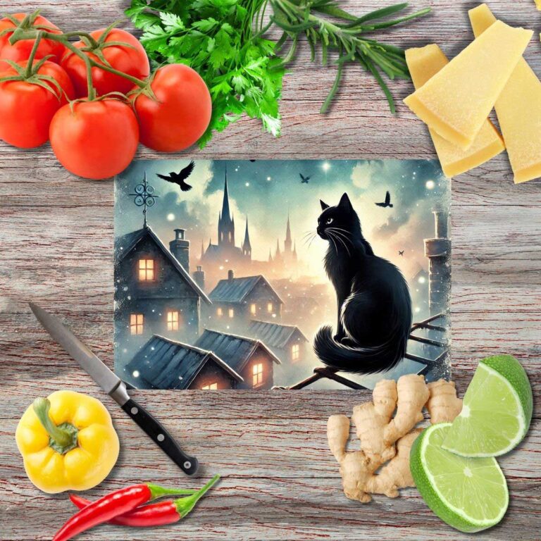 Schwarze Katzen über der Stadt 4 Schneidebrett aus Glas