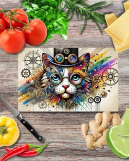 Steampunk Katze Schneidebrett aus Glas