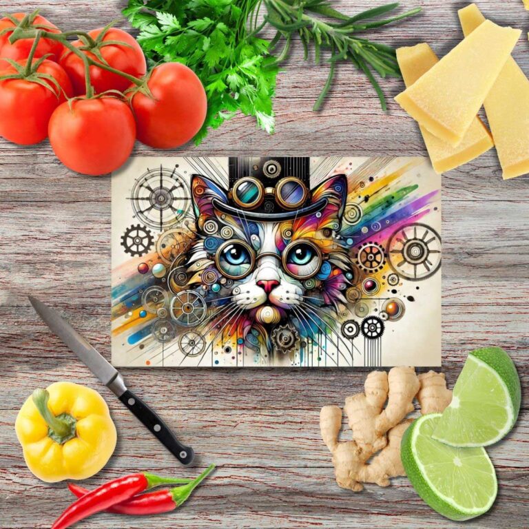 Steampunk Katze Schneidebrett aus Glas