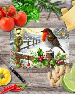 Weihnachts-Rotkehlchen 2 Schneidebrett aus Glas