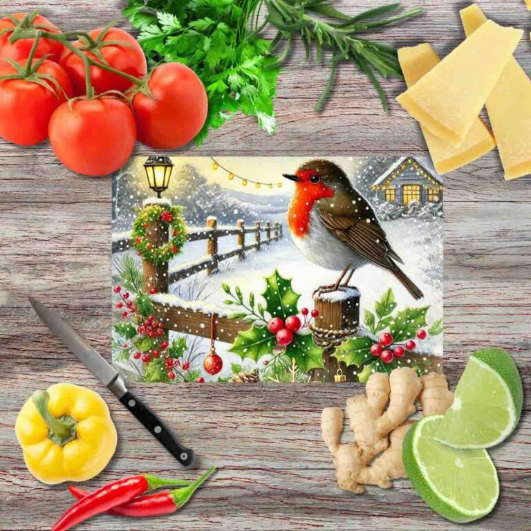 Weihnachts-Rotkehlchen 2 Schneidebrett aus Glas