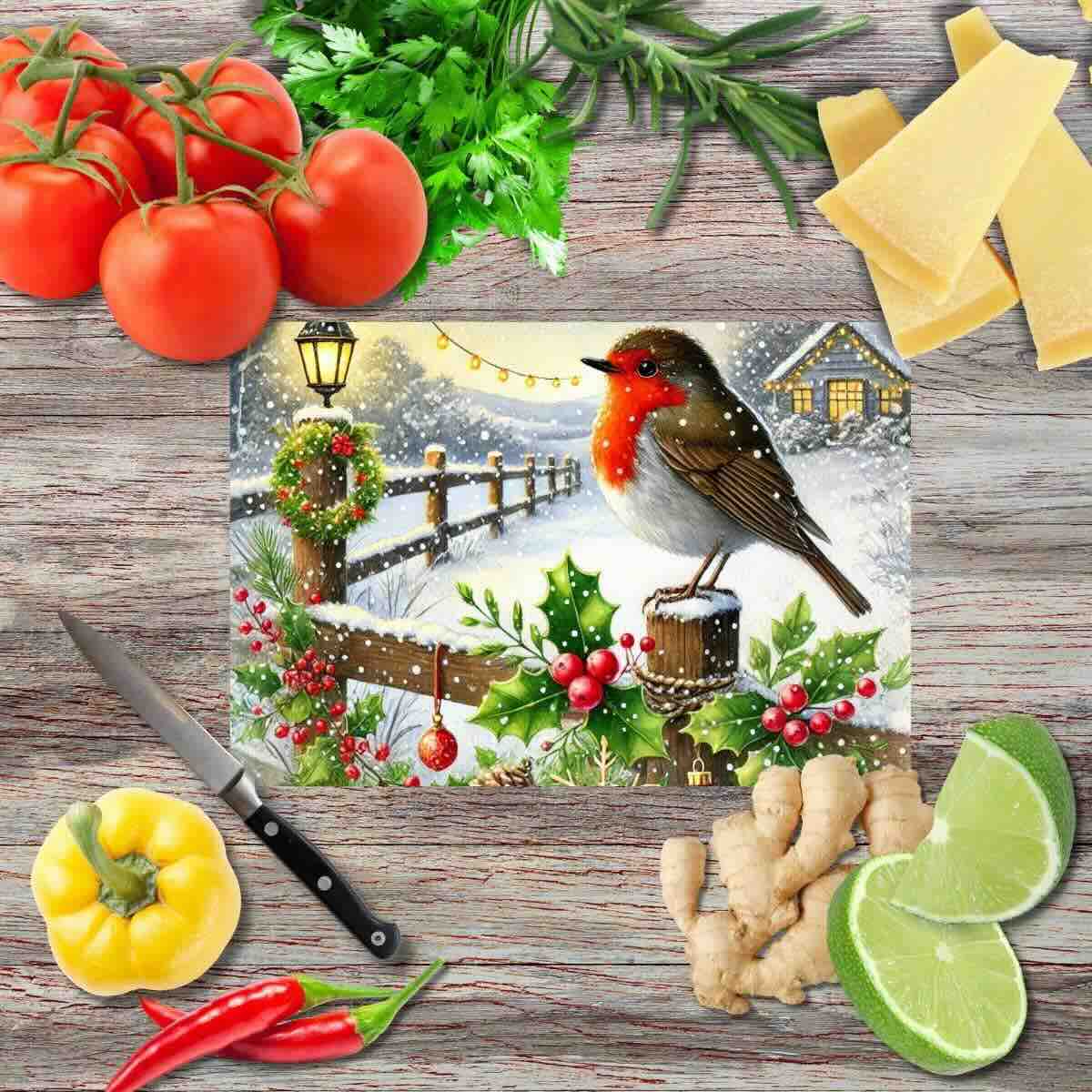 Weihnachts-Rotkehlchen 2 Schneidebrett aus Glas