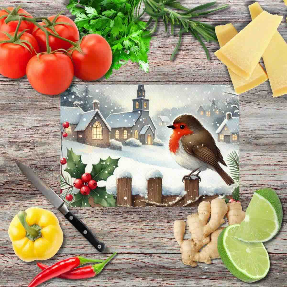 Weihnachts-Rotkehlchen 3 Schneidebrett aus Glas
